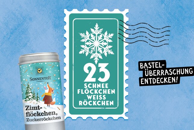 SONNENTOR Gewürzadventkalender - Türchen 23: Eine Illustration mit eine Weihnachtsstern und der Zimtflöckchen Zuckerröckchen Packung! | © SONNENTOR