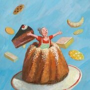 Omas Kuchen- und Keks Gewürz Individuelles Gewürz Probier Mal | © SONNENTOR Illustration, auf der Oma aus einem Gugelhupf springt und es Süßspeisen regnet | © SONNENTOR