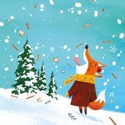 Zimtflöckchen, Zuckerröckchen Individuelles Probier Mal | © SONNENTOR Illustration eines Fuchses mit Jacke und Schal in einer Schneelandschaft, der die herabfallenden Schneeflöckchen in Form von Sternchen, Zimtstangen und Kügelchen mit seiner Zunge auffängt. | © SONNENTOR