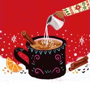 Weihnachts Chai Individuelles Probier Mal | © SONNENTOR Illustration mit schwarzer Tasse auf rot weißem Hintergrund und Zimtstangen, Orangenspalte sowie Eingießkännchen. | © SONNENTOR