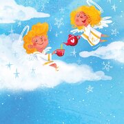 Himmlischer Christkindl Tee Individuelles Probier Mal | © SONNENTOR Illustration, auf der zwei Engel in den Wolken sitzen und ein Engel dem anderen Tee einschenkt | © SONNENTOR