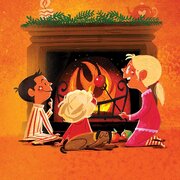 Kaminknistern Früchtetee Individuelles Probier Mal | © SONNENTOR Illustration, auf der drei Kinder in ihren Pyjamas im offenen Kamin Äpfel braten. Ihr Hund schläft eingerollt neben ihnen. | © SONNENTOR
