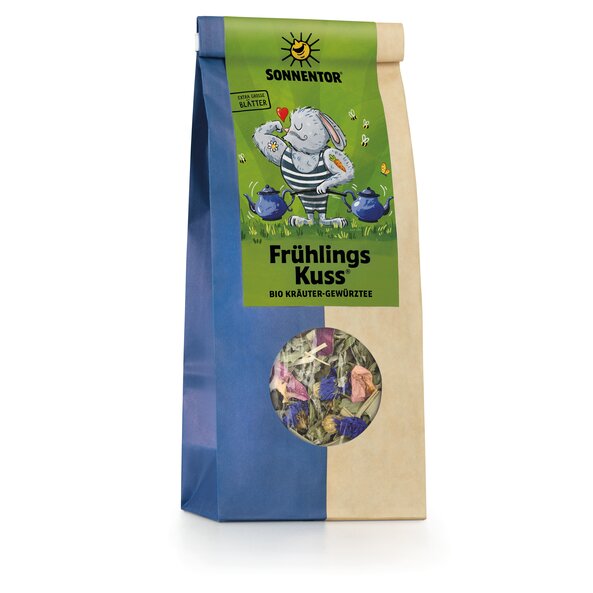 Photo of Frühlingskuss herbal tea loose with illustration on green label showing a rabbit lifting weights with teapots.