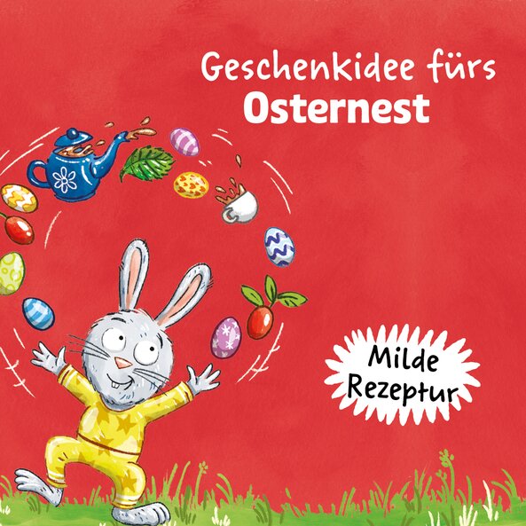 Fruity Easter tea with an illustration of a rabbit juggling Easter eggs. Text: ‘Gift idea for the Easter basket’, ‘Mild recipe’