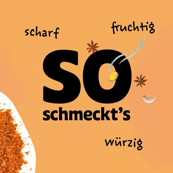 Illustration of Asian BBQ spice loose on a light orange background with the words: ‘This is how it tastes: hot, fruity, spicy’.