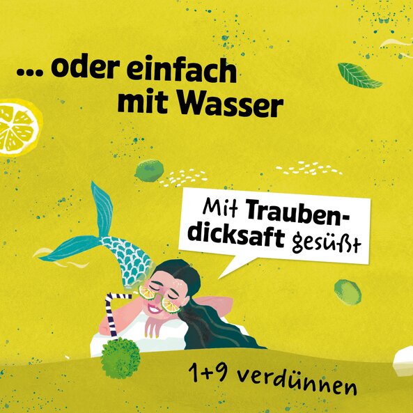 Illustration einer Meerjungfrau auf  gelb-grünem Hintergrund mit dem Text, dass mit Traubendicksaft gesüßt und mit Wasser 1:9 verdünnt wird.