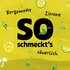Illustration mit Text: "So schmeckts Bergamotten, Zitrone, säuerlich" auf  gelb-grünem Hintergrund.