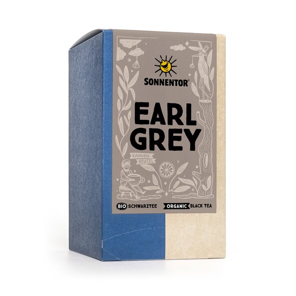 Earl Grey Schwarztee bio 54 g, Kannenbeutel Earl Grey Schwarztee im Kannenbeutel - Verpackung mit Illustrationen