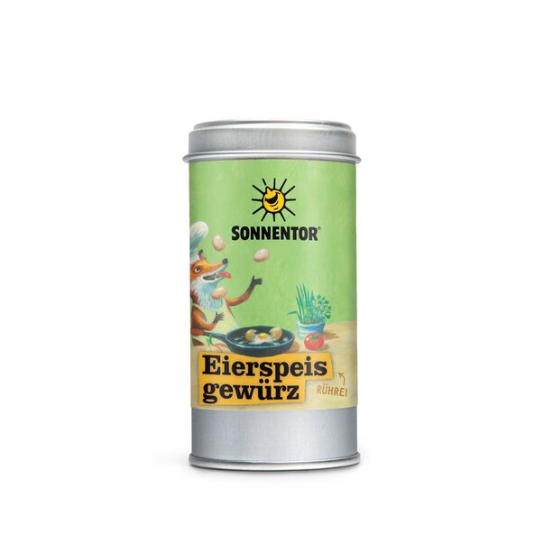 Photo of a Spice Tin Scrambled Egg Seasoning Organic Spice Preparation. On the Spice Tin is picture of a fox with a hood juggling eggs while cooking a frying egg in a pan.
