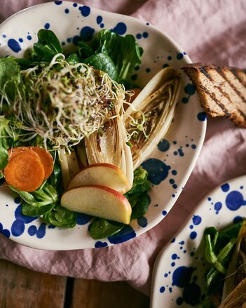 Foto von einer bunten Salatschüssel mit Sprossen, Karotte, Vogerlsalat und Apfel. | © SONNENTOR