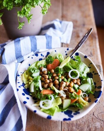 Auf dem Foto ist ein Schüssel mit buntem Salat und gerösteten Kichererbsen zu sehen. Dahinter steht eine Petersilienpflanze. | © SONNENTOR