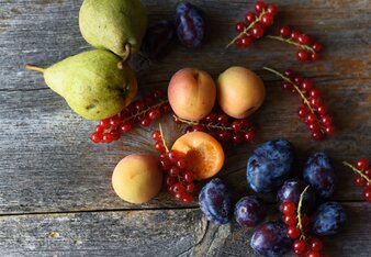 Auf dem Foto sind frische Ribisel, Marillen, Heidelbeeren, Zwetschken und Birnen zu sehen. | © SONNENTOR