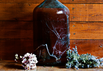 Auf dem Foto sieht man eine alte Flasche mit Kräuter-Tinktur. Daneben sieht man getrocknete Kräuter. | © SONNENTOR